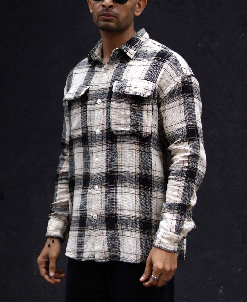 Cream Checked Structured Oversize Drop Shoulder Shirt
