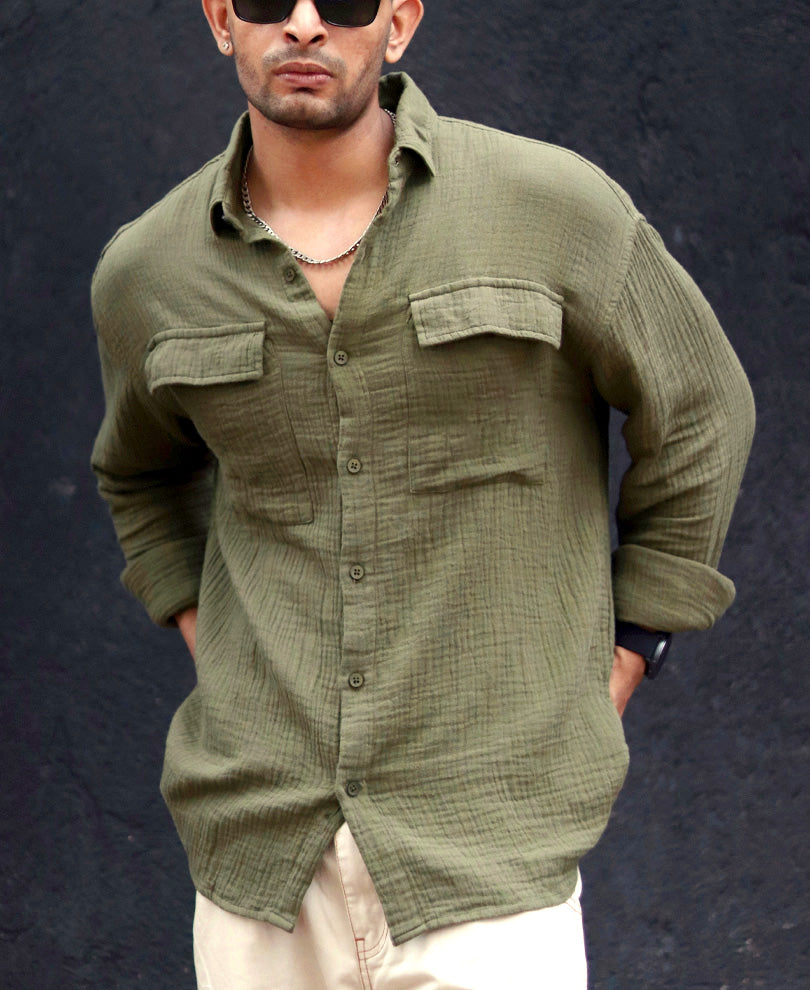 Olive Green Textured Oversize Drop Shoulder Shirt