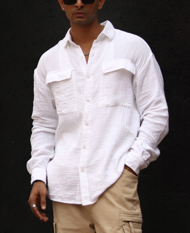 White Textured Oversize Drop Shoulder Shirt