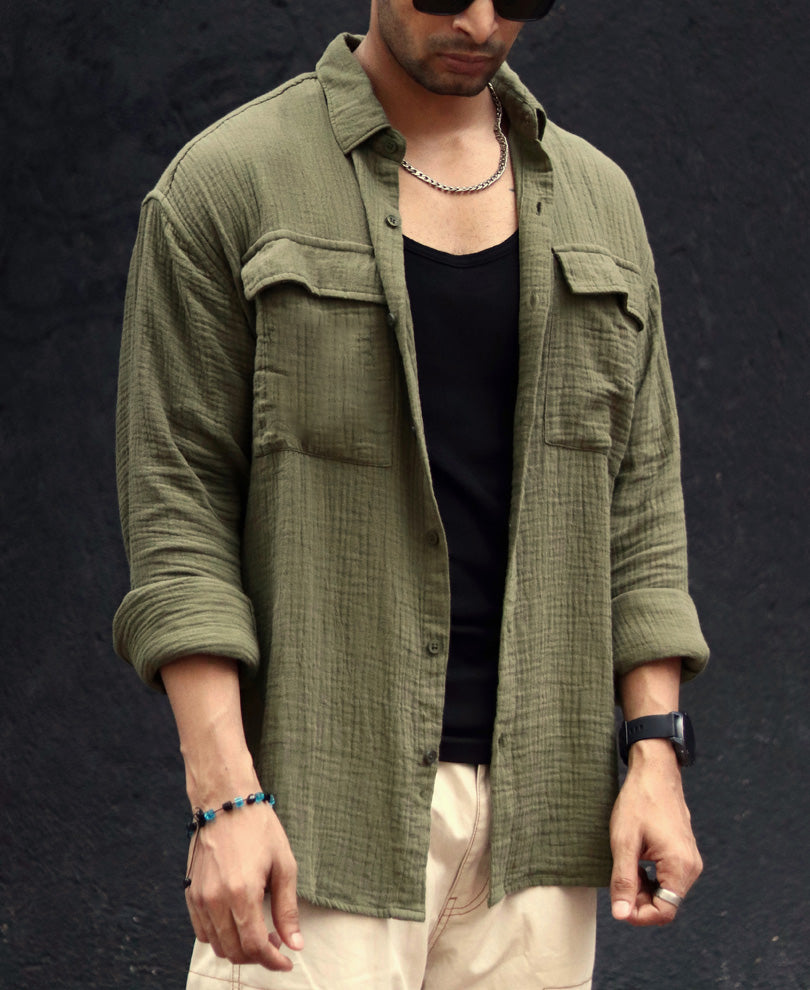Olive Green Textured Oversize Drop Shoulder Shirt