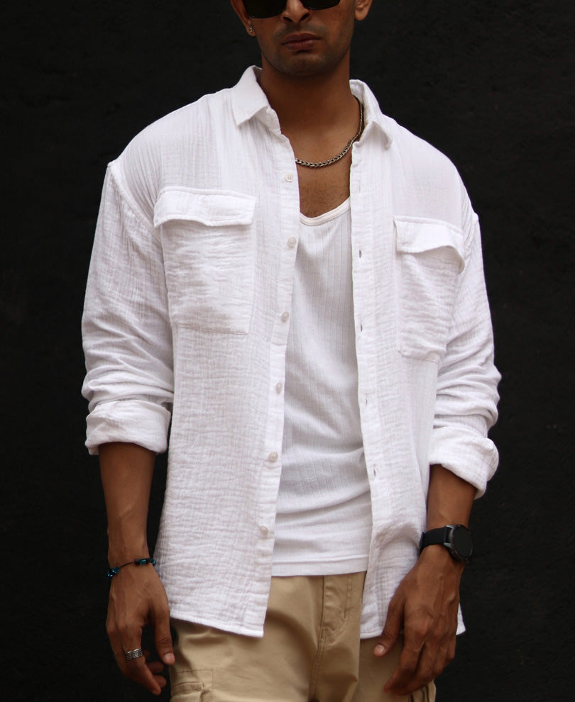 White Textured Oversize Drop Shoulder Shirt