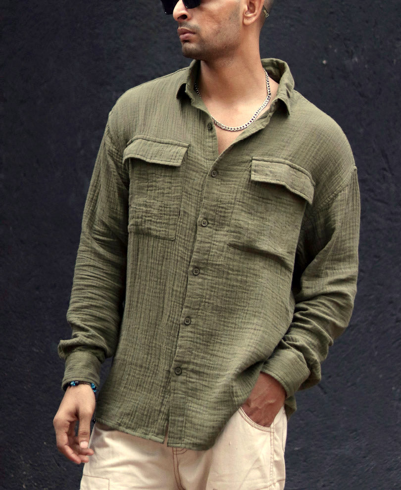 Olive Green Textured Oversize Drop Shoulder Shirt