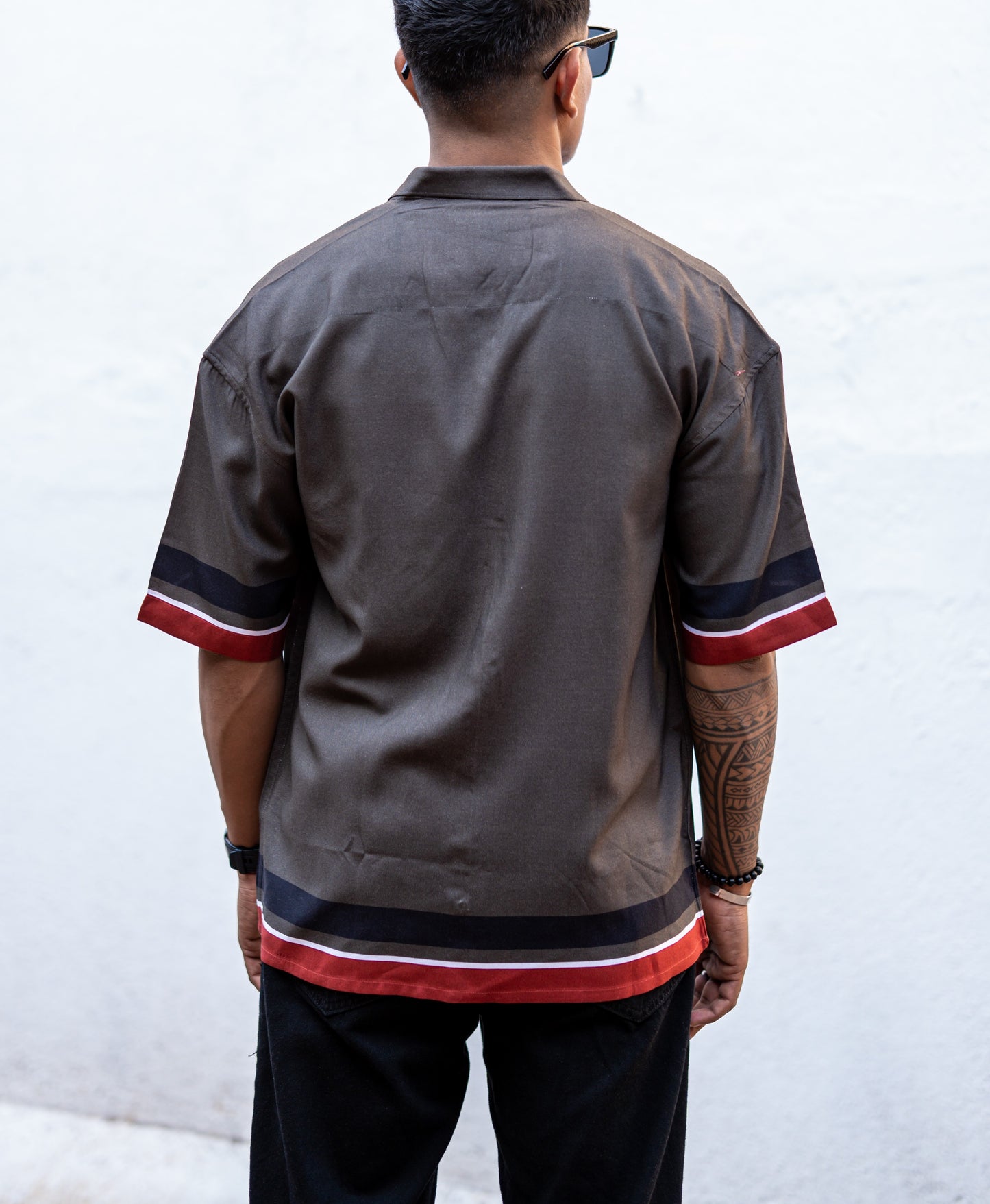 Dark Grey Oversized Drop Shoulder Shirt with Bottom Stripes