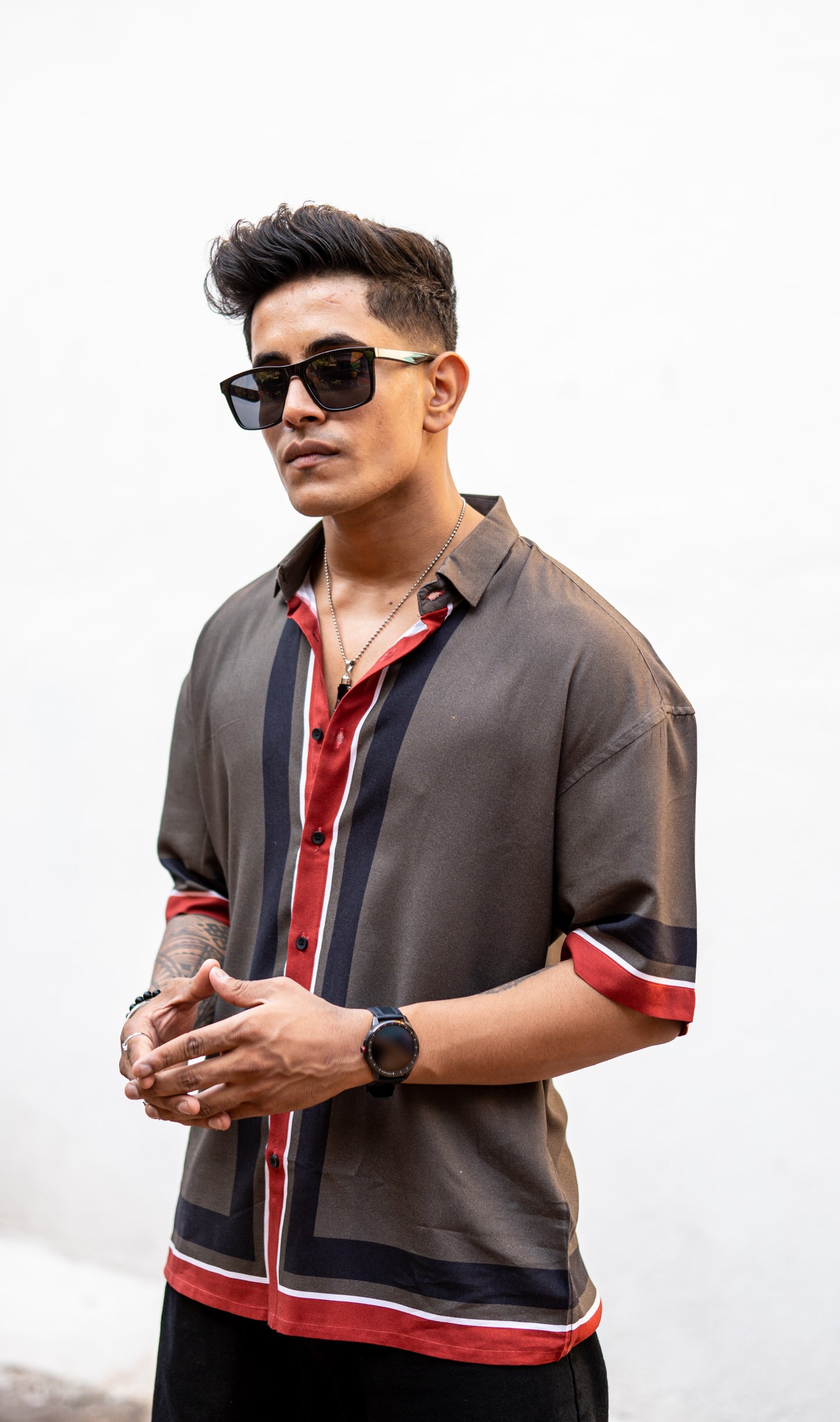 Dark Grey Oversized Drop Shoulder Shirt with Bottom Stripes