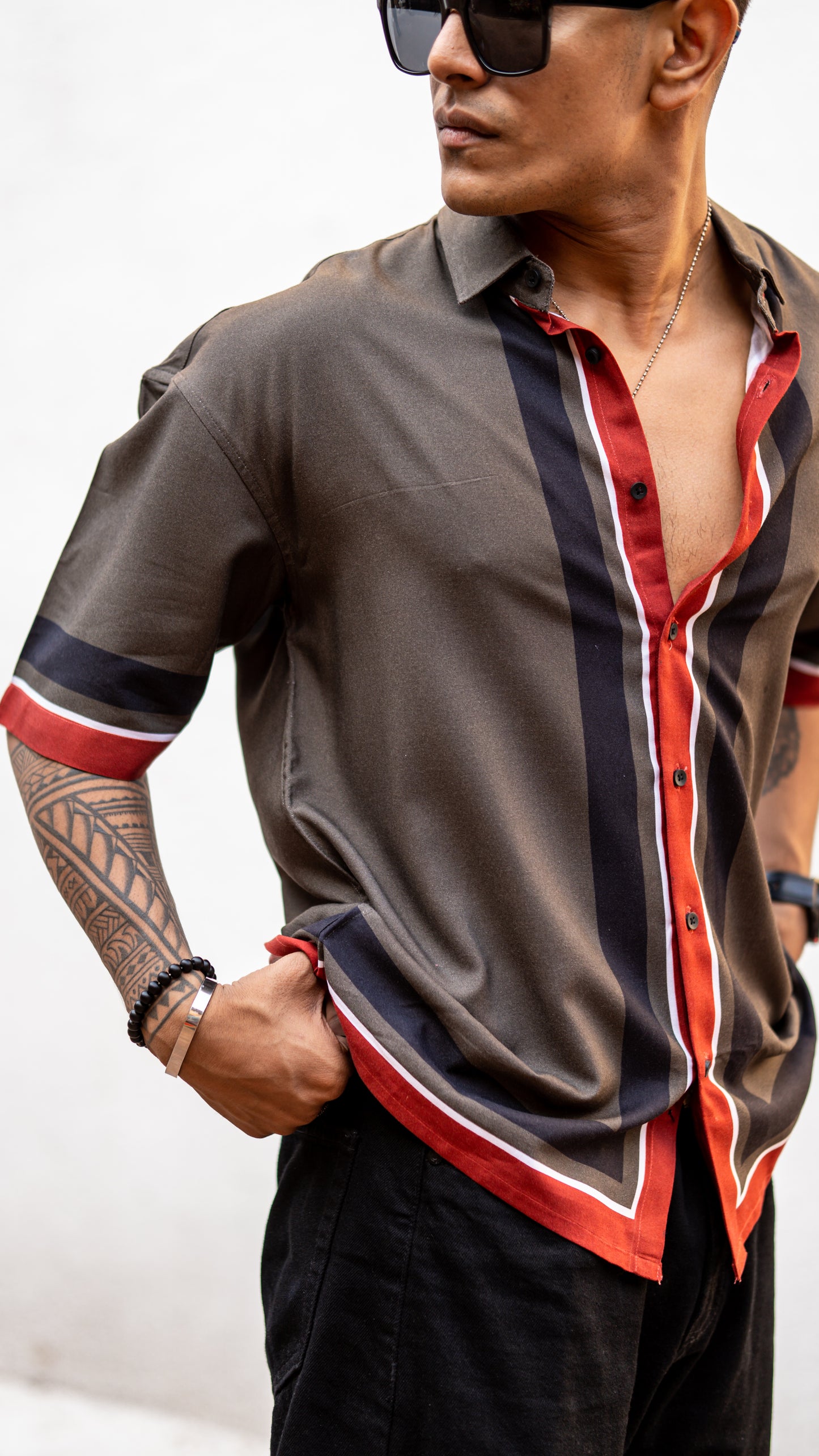Dark Grey Oversized Drop Shoulder Shirt with Bottom Stripes