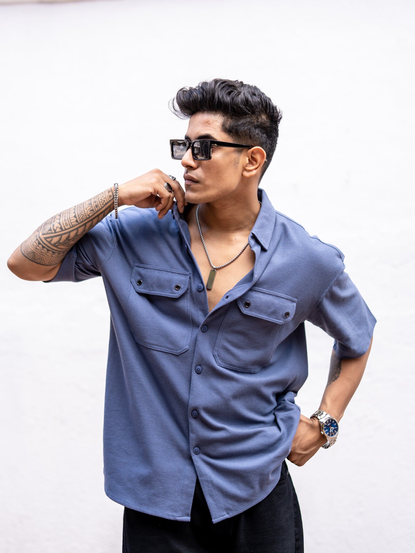 Grey Flap Pocket Knitted Oversize Drop Shoulder Shirt