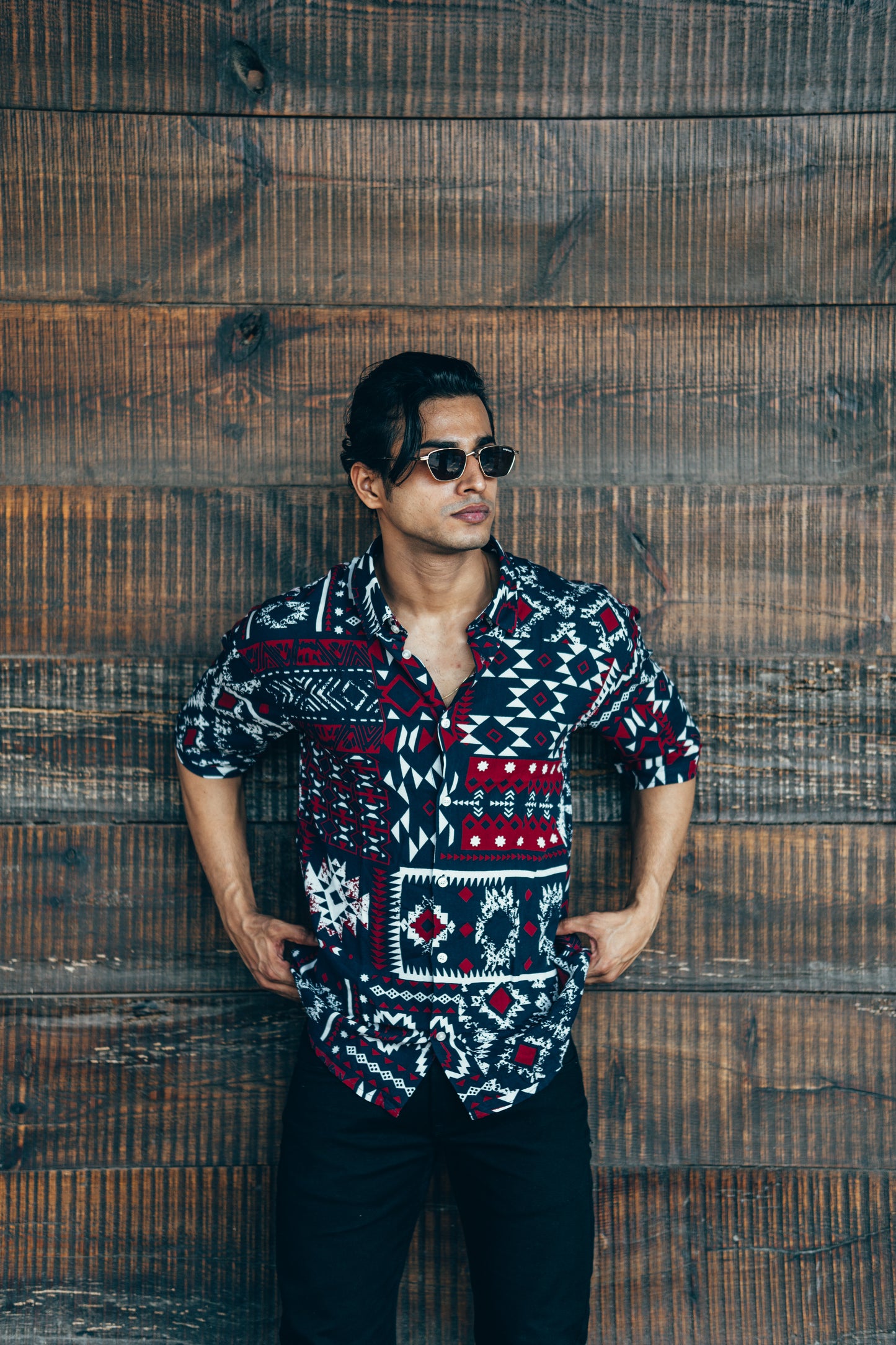 Navy Blue and Red Patchwork Print Oversize Drop Shoulder Shirt