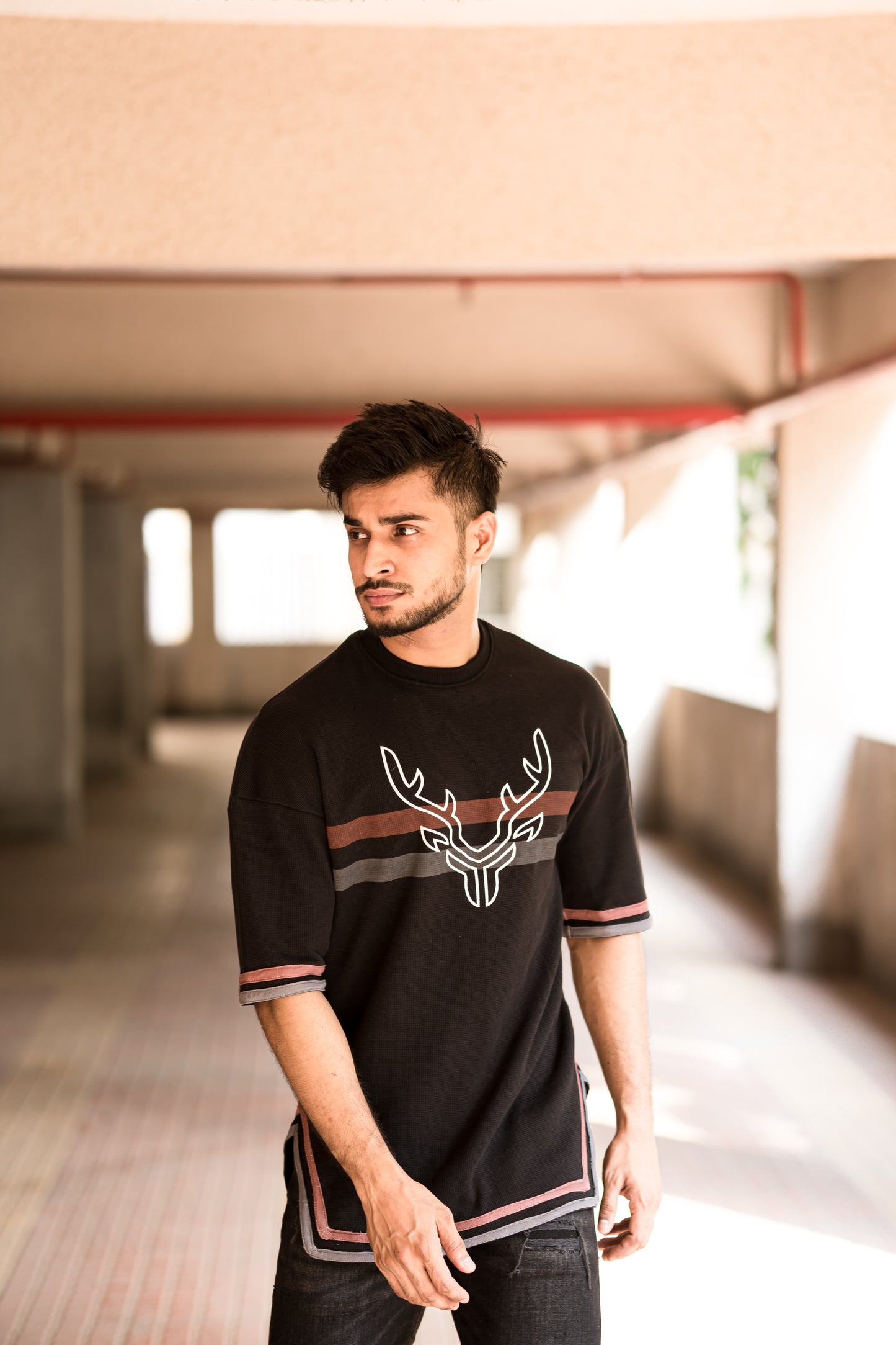 Black Deer Chest Stripe Oversize Drop Shoulder T Shirt