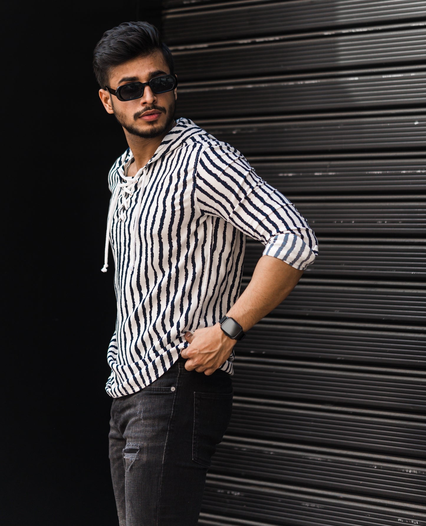 White Stripe Hooded Full Sleeves Shirt