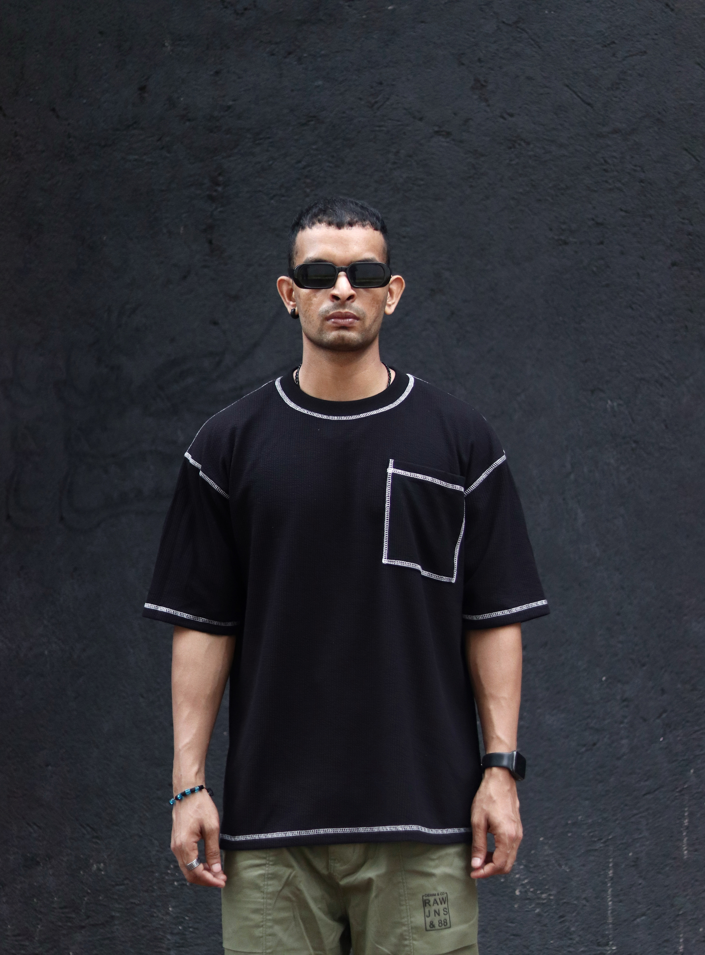 Black Contrast Stitch Oversize Drop Shoulder T Shirt
