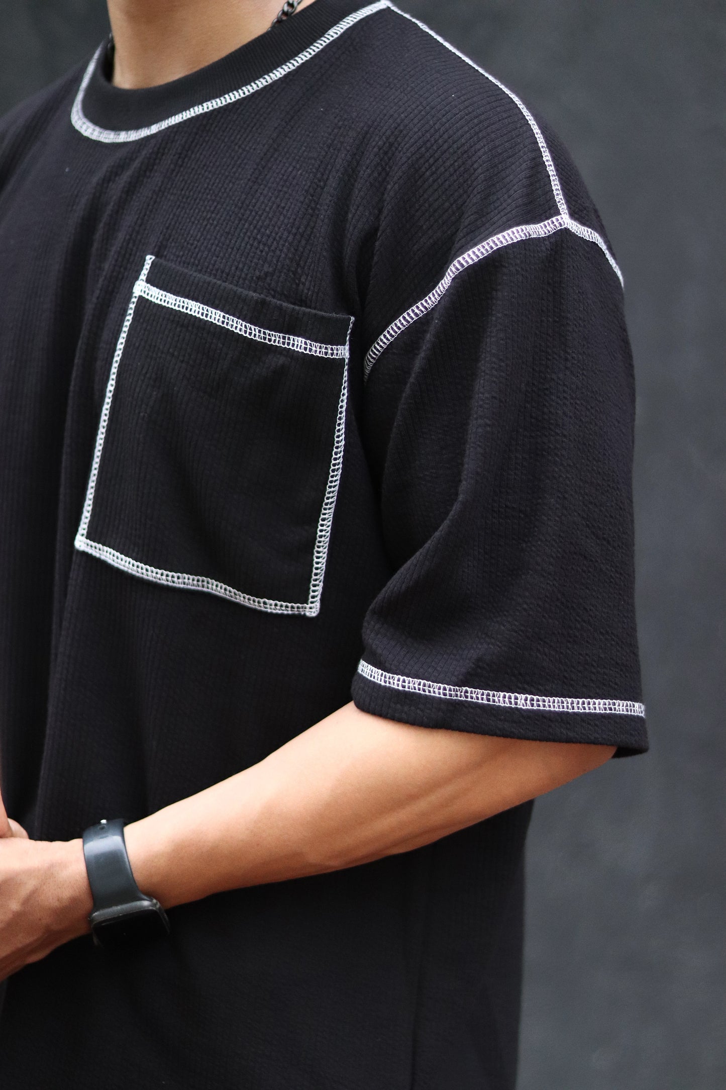 Black Contrast Stitch Oversize Drop Shoulder T Shirt