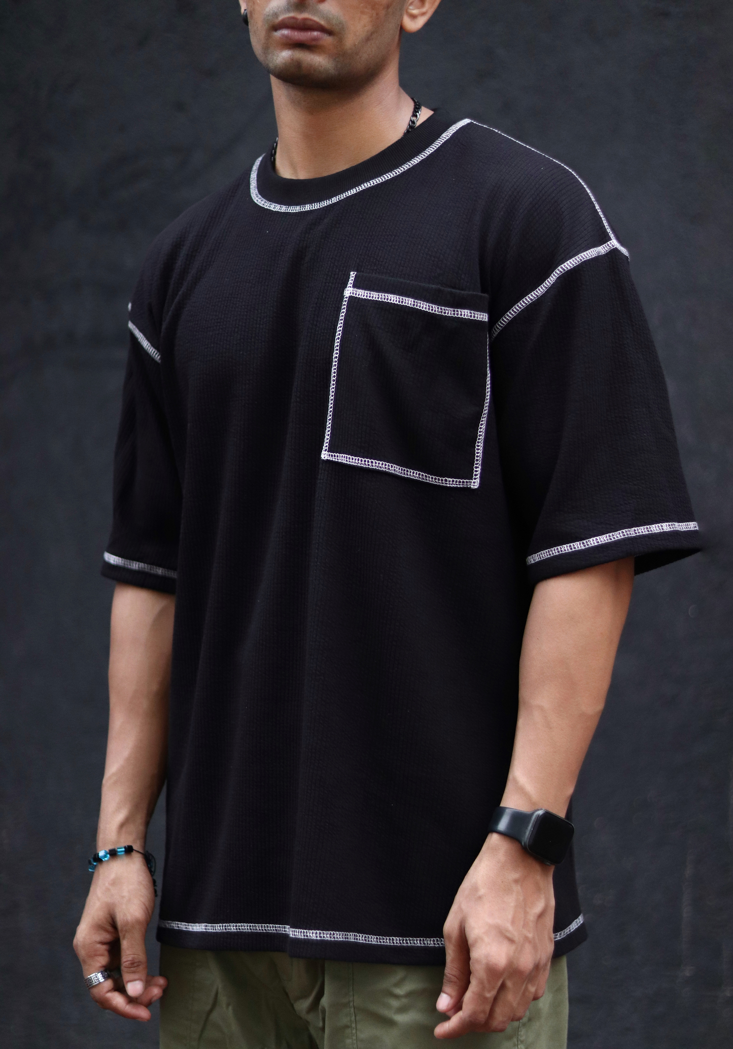 Black Contrast Stitch Oversize Drop Shoulder T Shirt