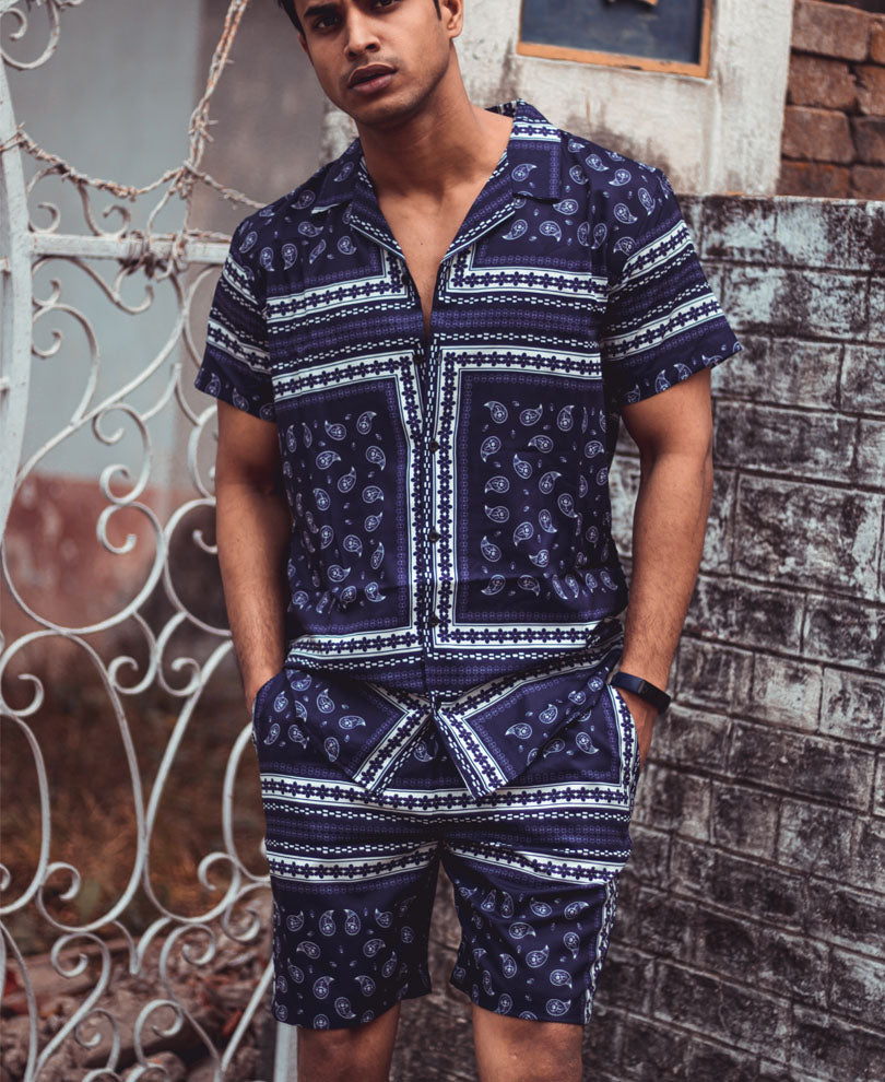Blue Small Paisley Print Shirt and Shorts Set