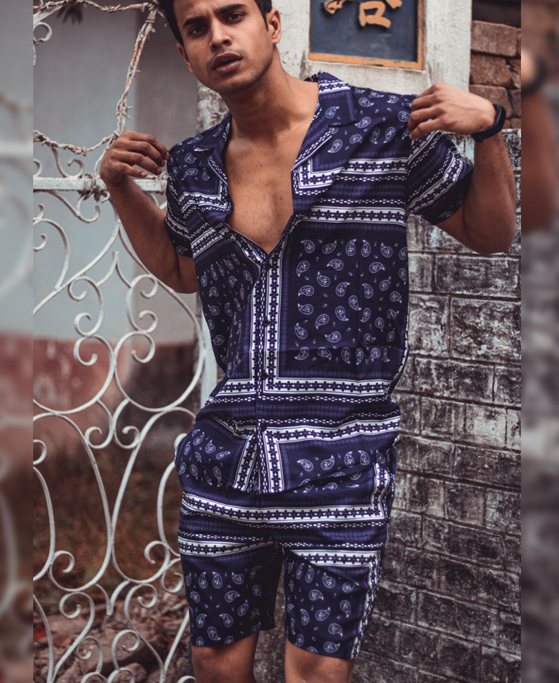 Blue Small Paisley Print Shirt and Shorts Set