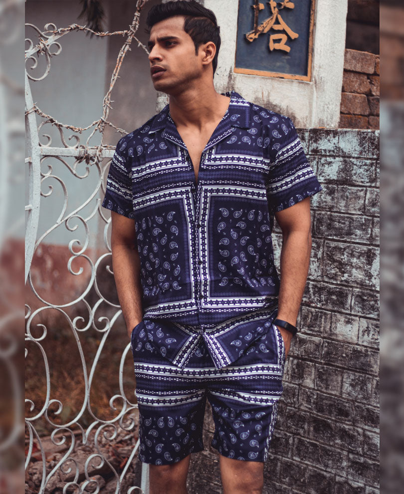 Blue Small Paisley Print Shirt and Shorts Set