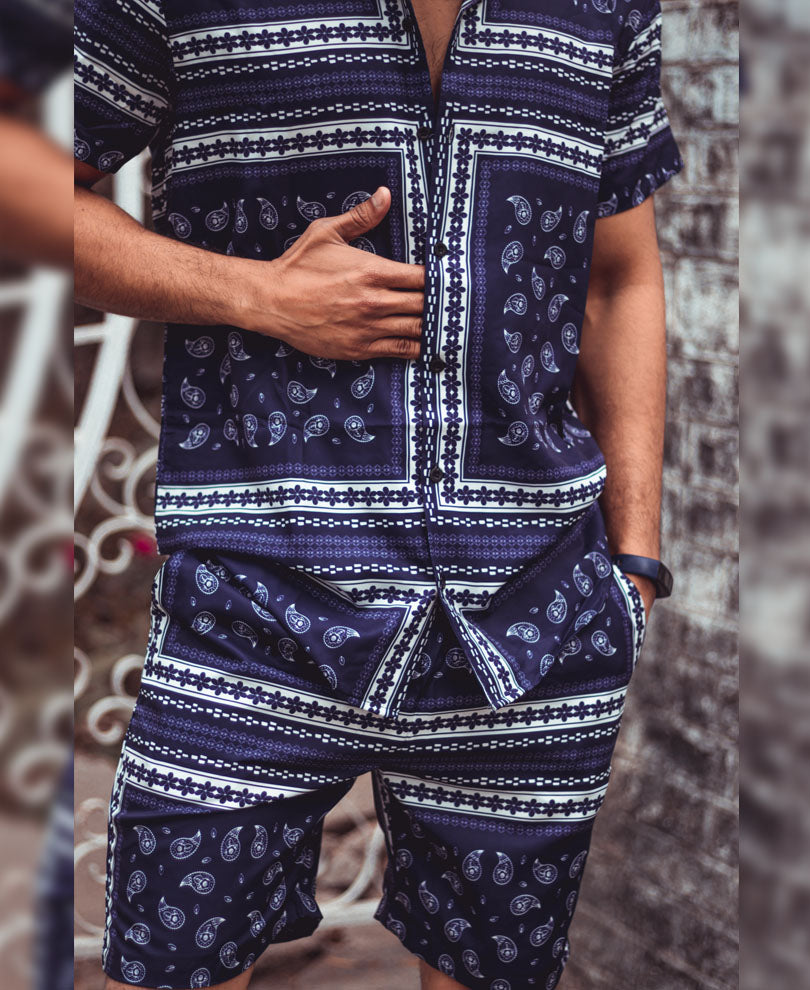 Blue Small Paisley Print Shirt and Shorts Set