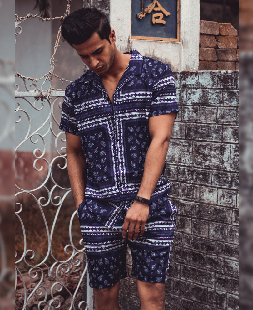 Blue Small Paisley Print Shirt and Shorts Set