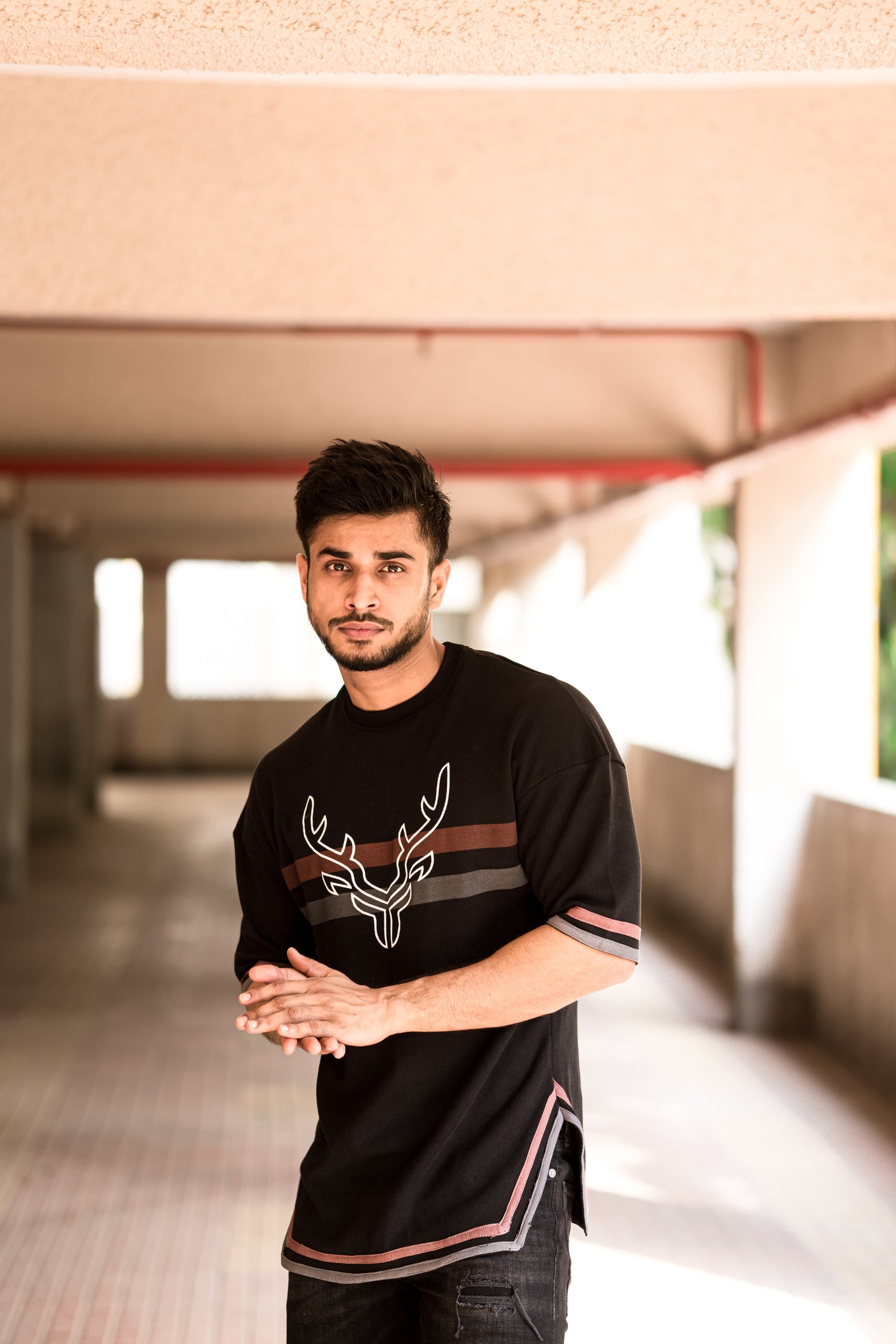 Black Deer Chest Stripe Oversize Drop Shoulder T Shirt