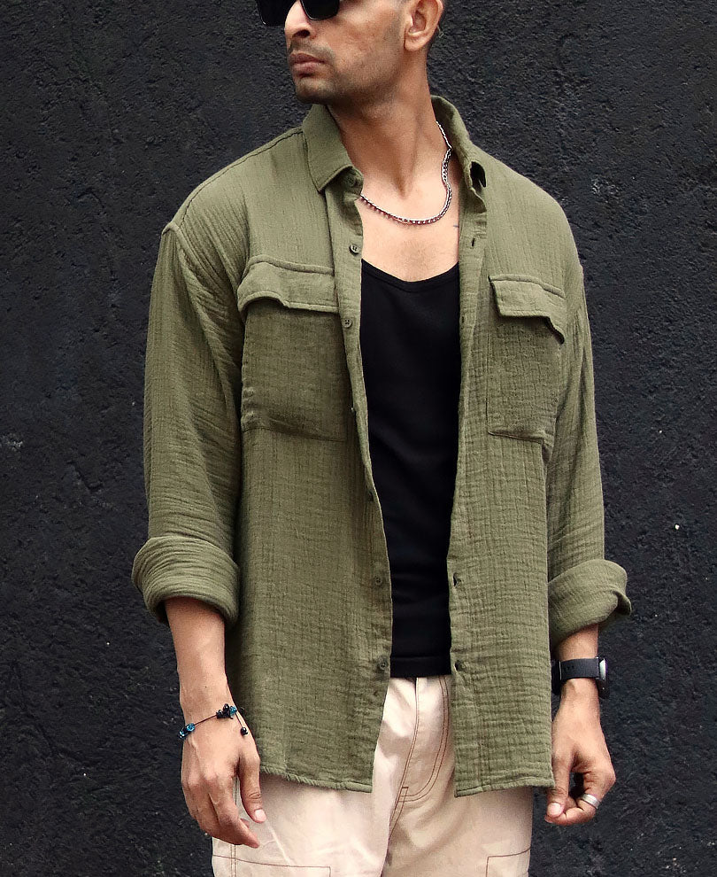 Olive Green Textured Oversize Drop Shoulder Shirt