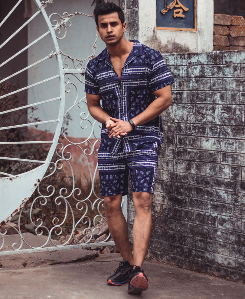 Blue Small Paisley Print Shirt and Shorts Set
