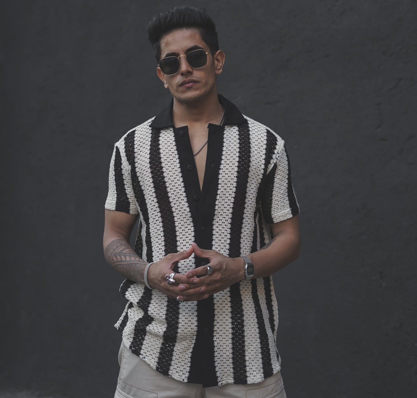 Black and White Crochet Knit Striped Shirt