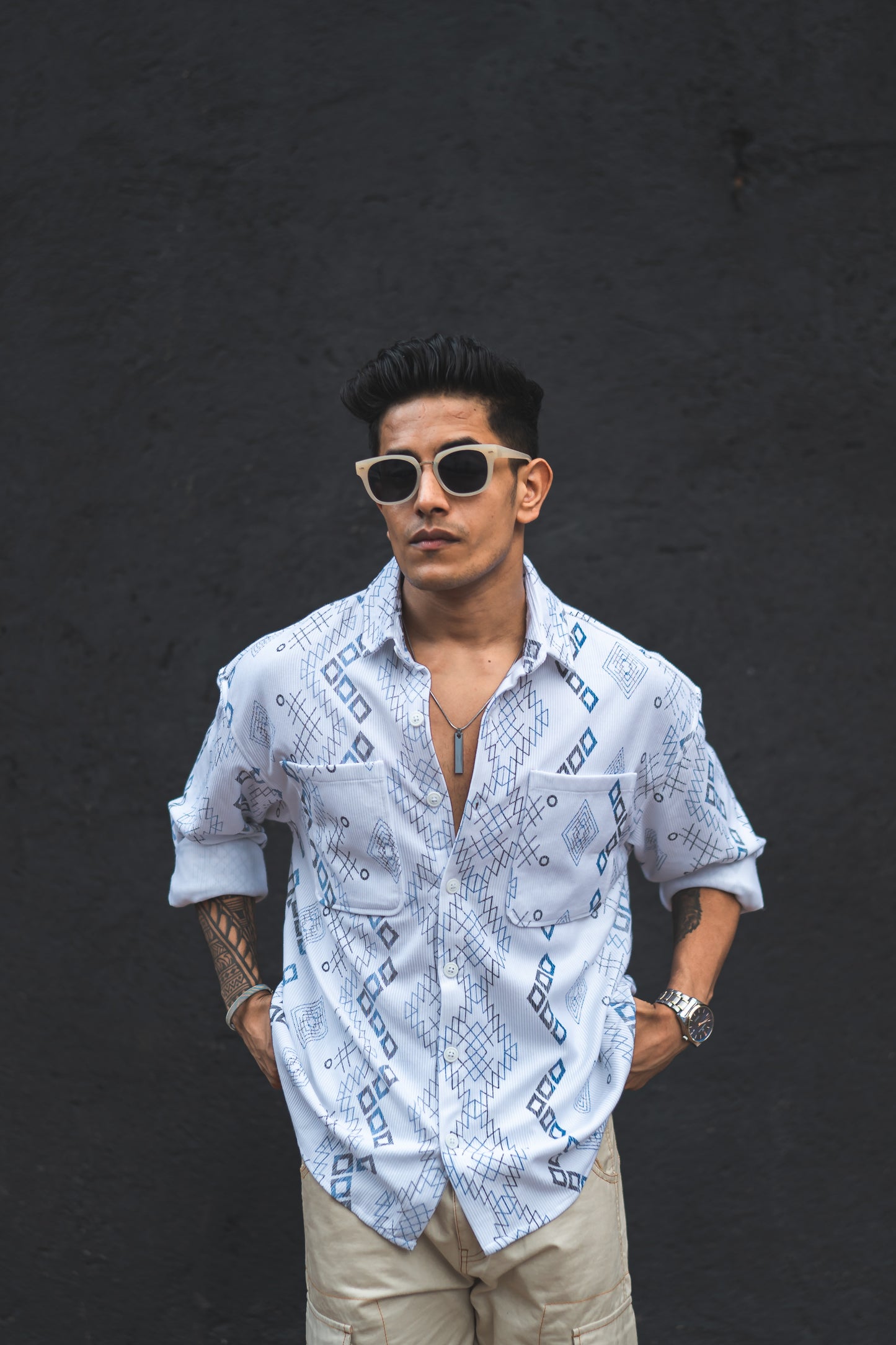 White Ethnic Print Oversized Shirt