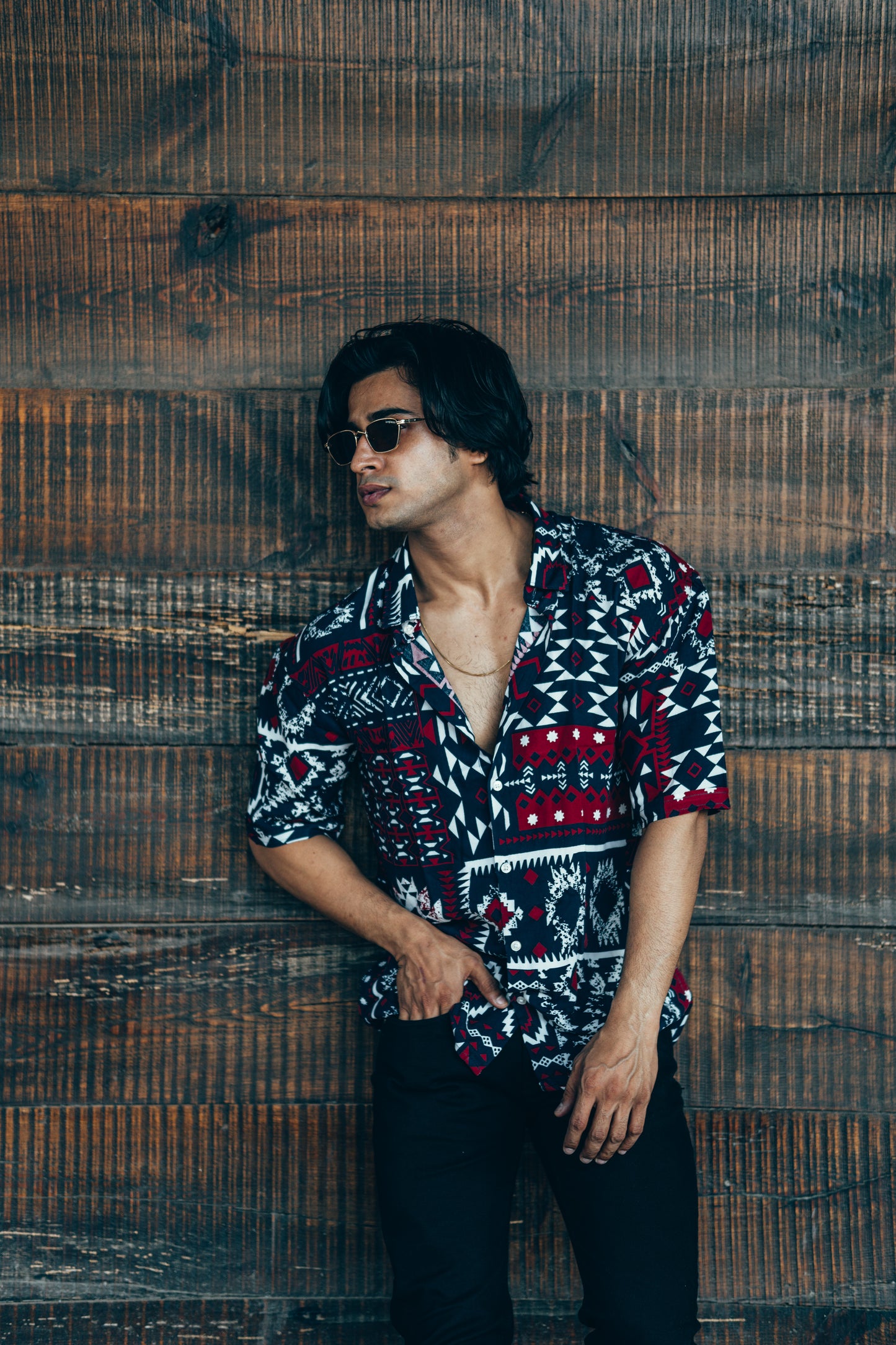 Navy Blue and Red Patchwork Print Oversize Drop Shoulder Shirt