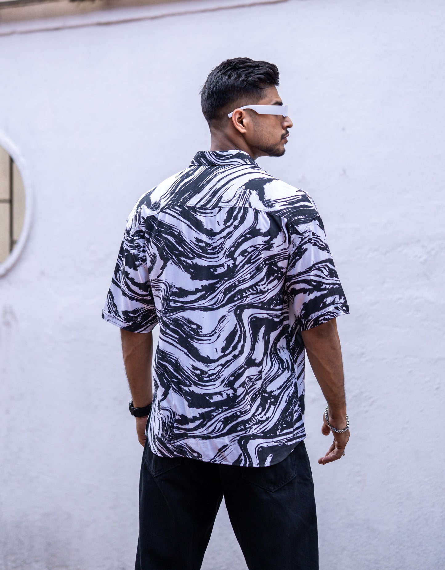 Black Abstract Print Oversize Drop Shoulder Shirt