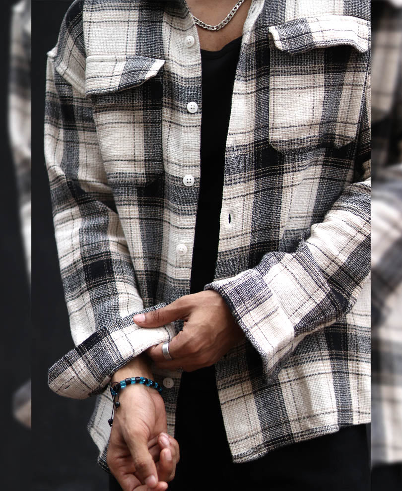 Cream Checked Structured Oversize Drop Shoulder Shirt