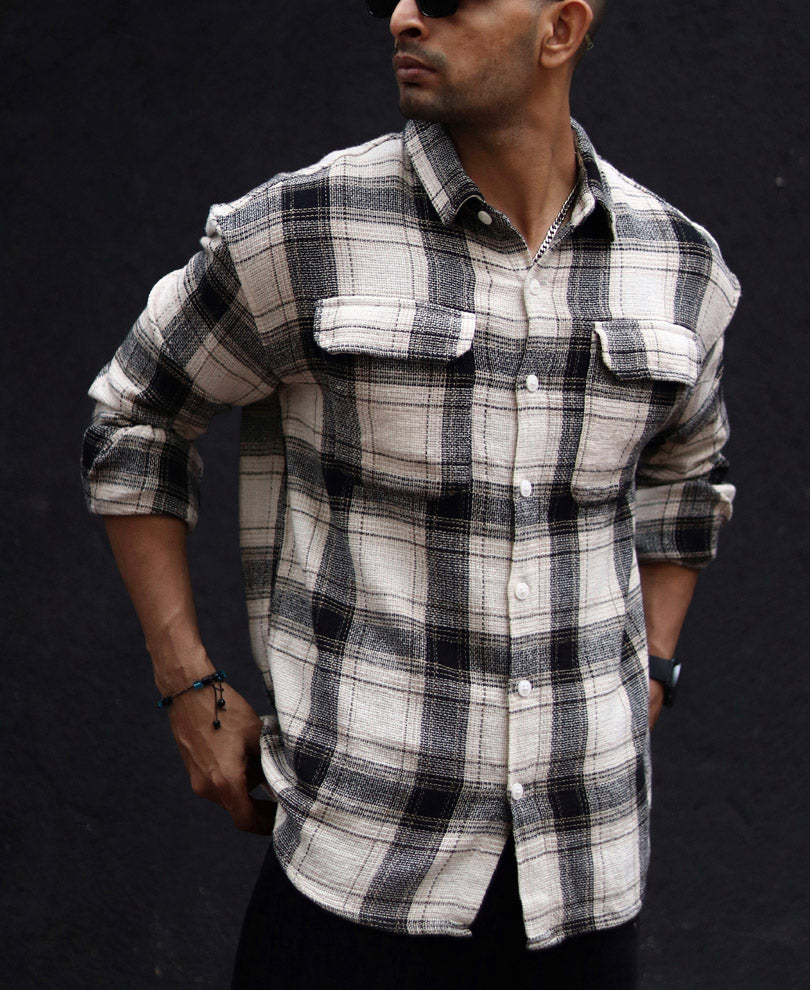 Cream Checked Structured Oversize Drop Shoulder Shirt