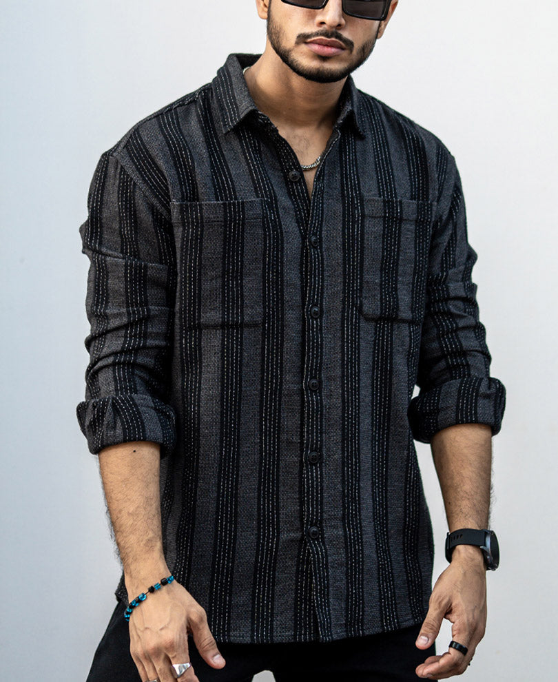 Charcoal Black Striped Structured Oversized Shirt