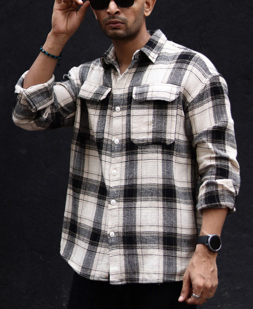 Cream Checked Structured Oversize Drop Shoulder Shirt