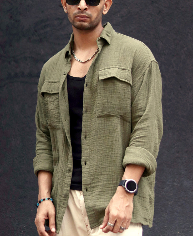 Olive Green Textured Oversize Drop Shoulder Shirt
