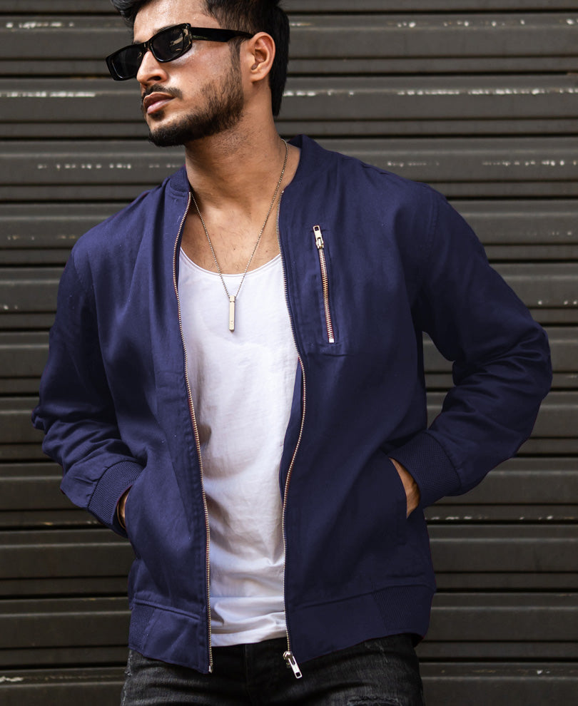 Navy Blue Cotton Bomber Jacket