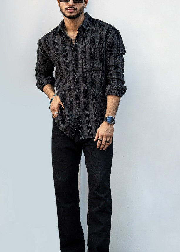 Charcoal Black Striped Structured Oversized Shirt