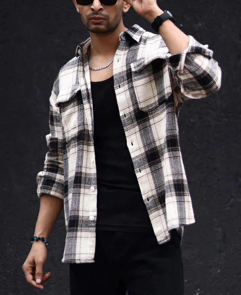 Cream Checked Structured Oversize Drop Shoulder Shirt