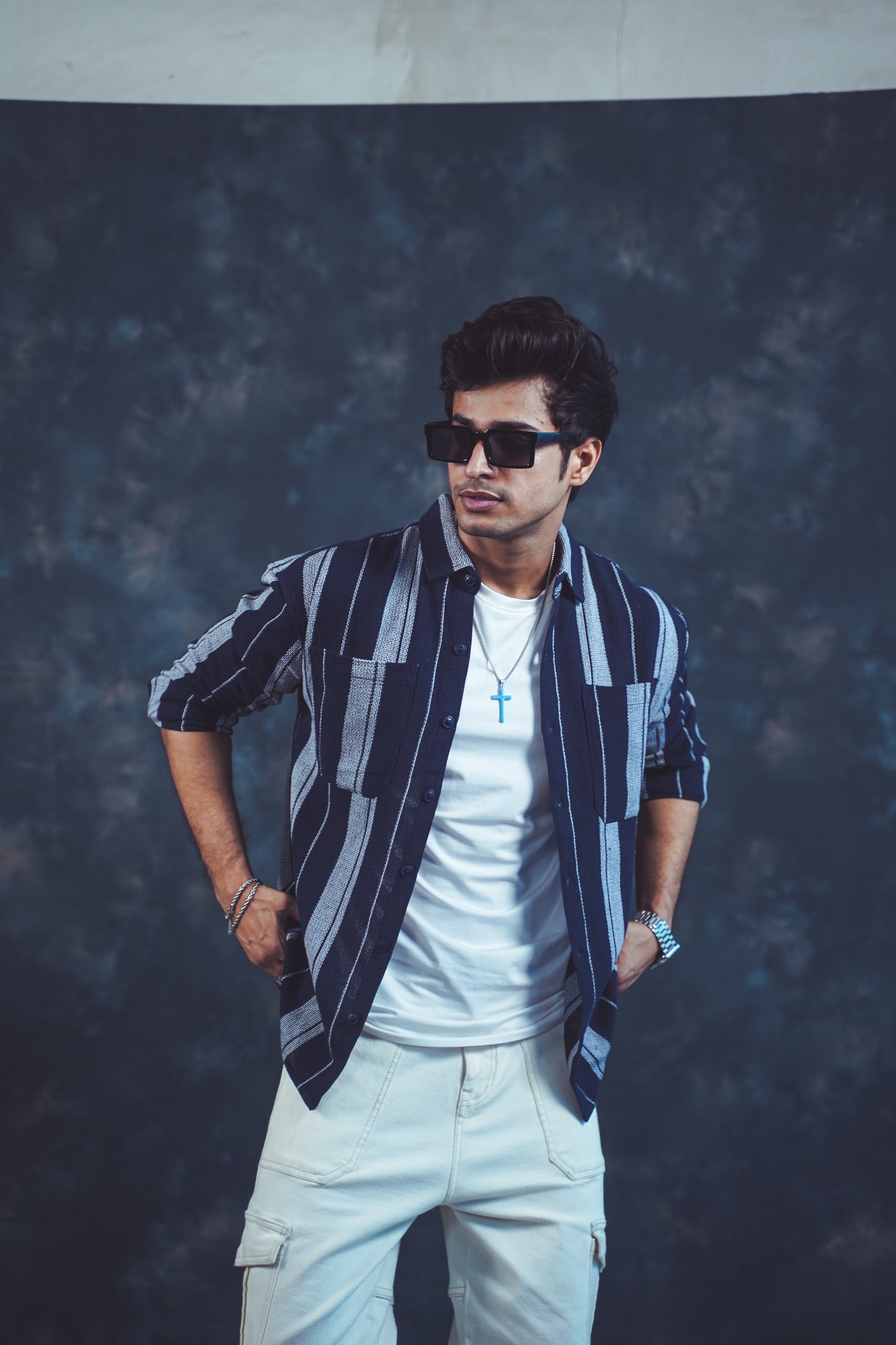 Navy Blue Striped Button-Up Shirt