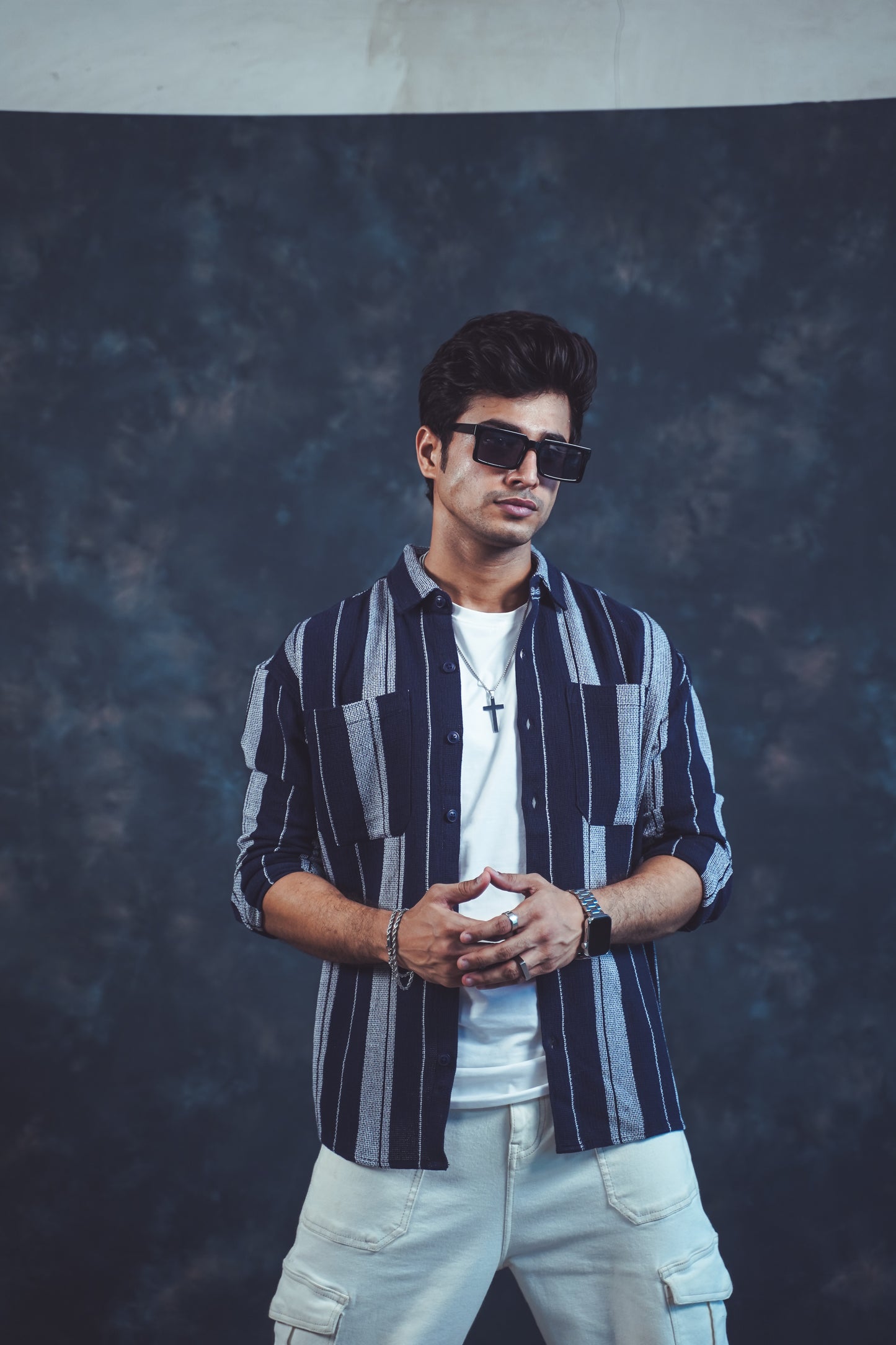 Navy Blue Striped Button-Up Shirt