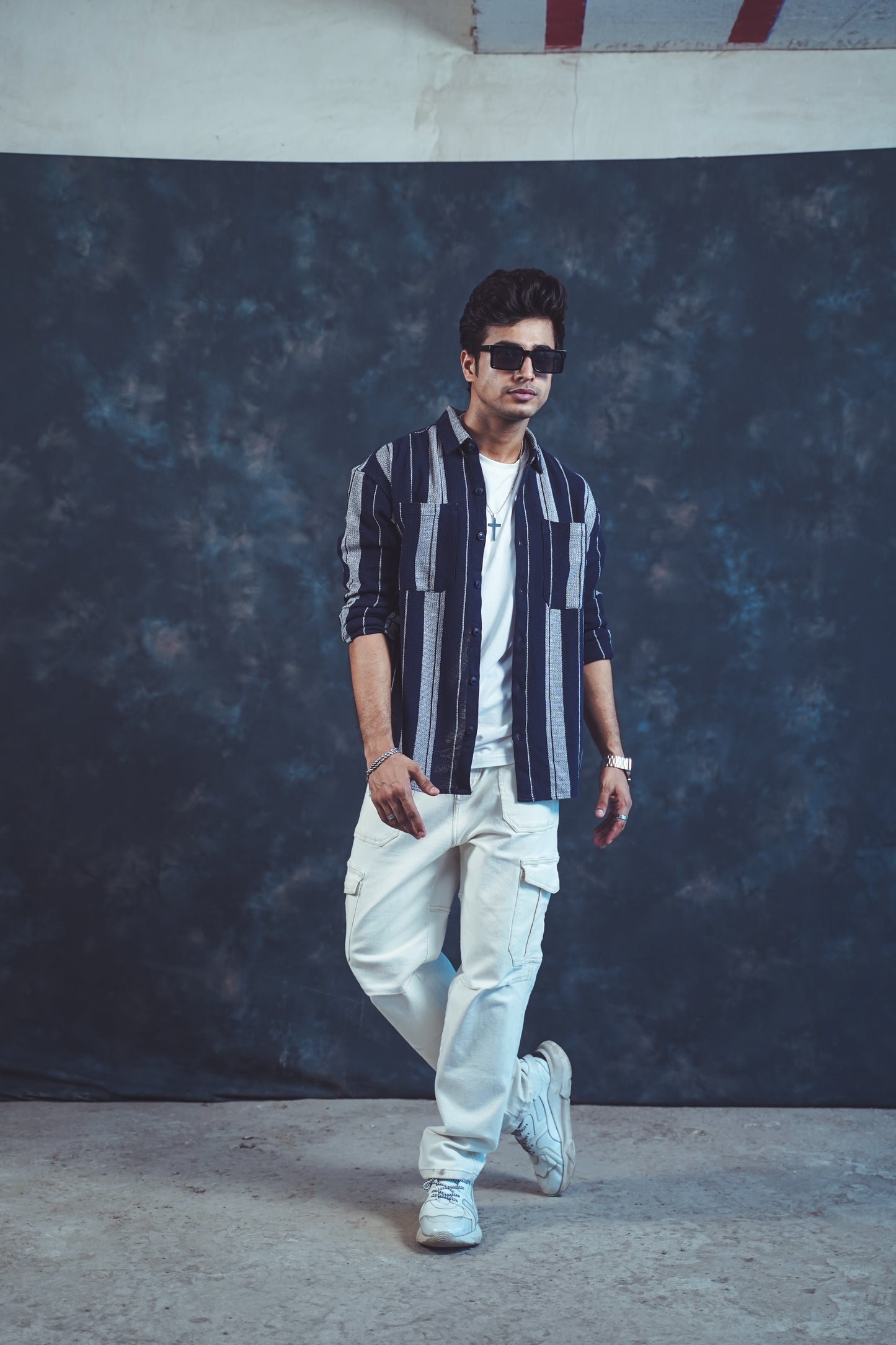 Navy Blue Striped Button-Up Shirt