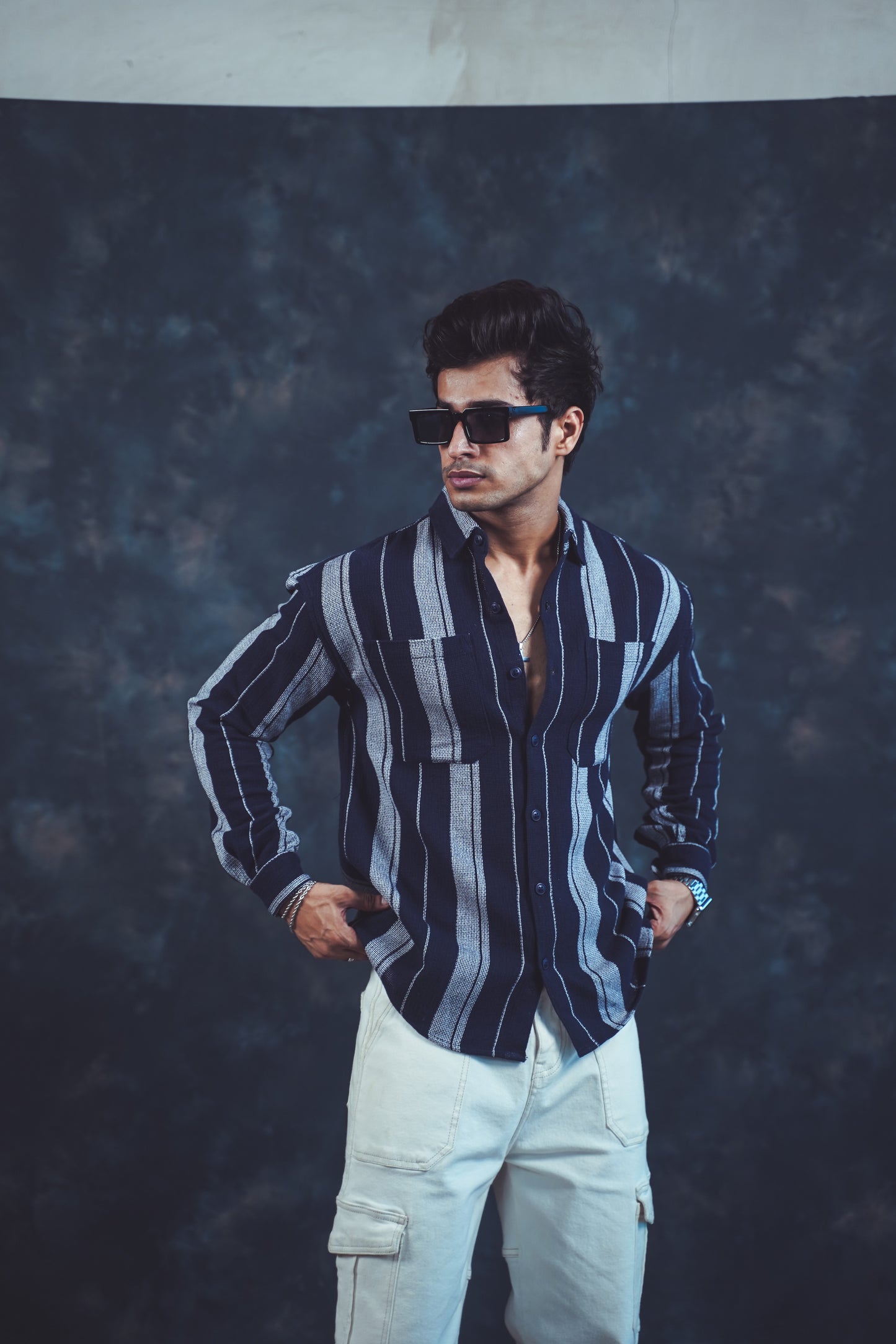 Navy Blue Striped Button-Up Shirt