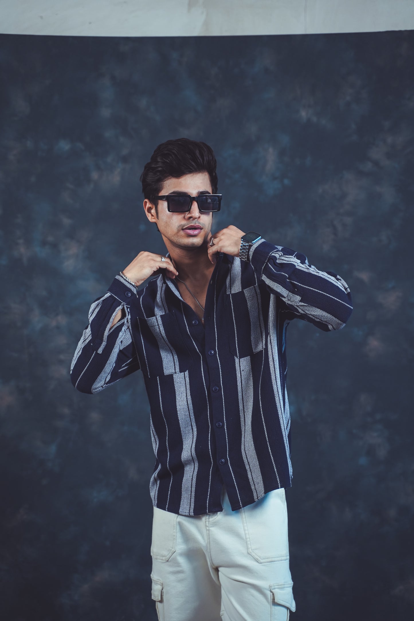 Navy Blue Striped Button-Up Shirt