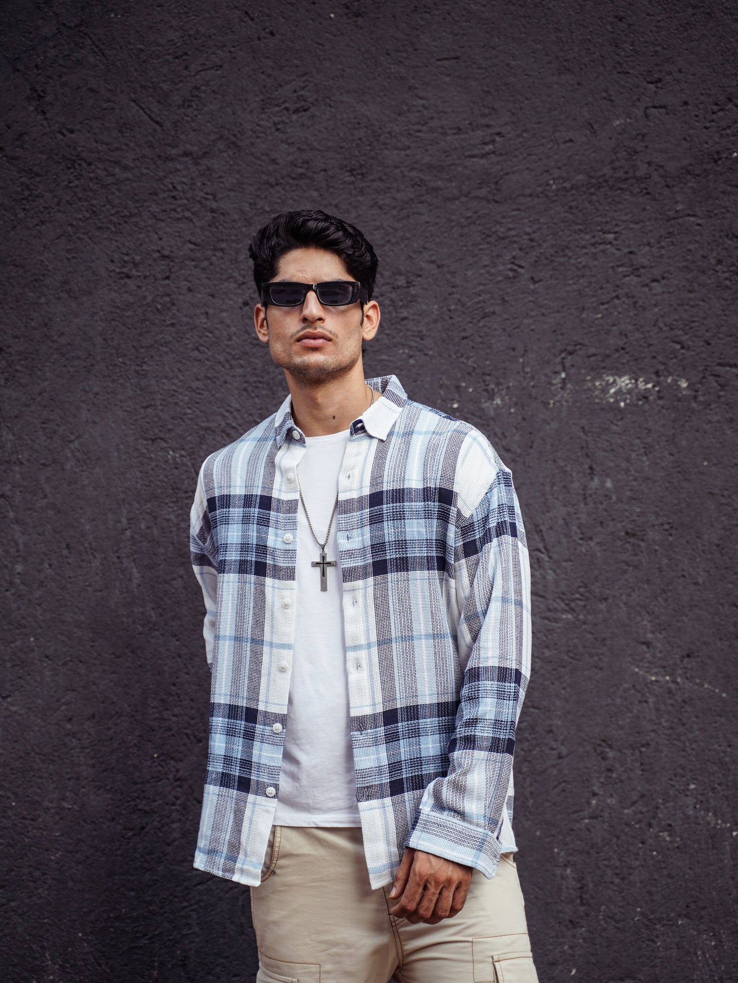 White and Blue Structured Checks Oversize Drop Shoulder Shirt
