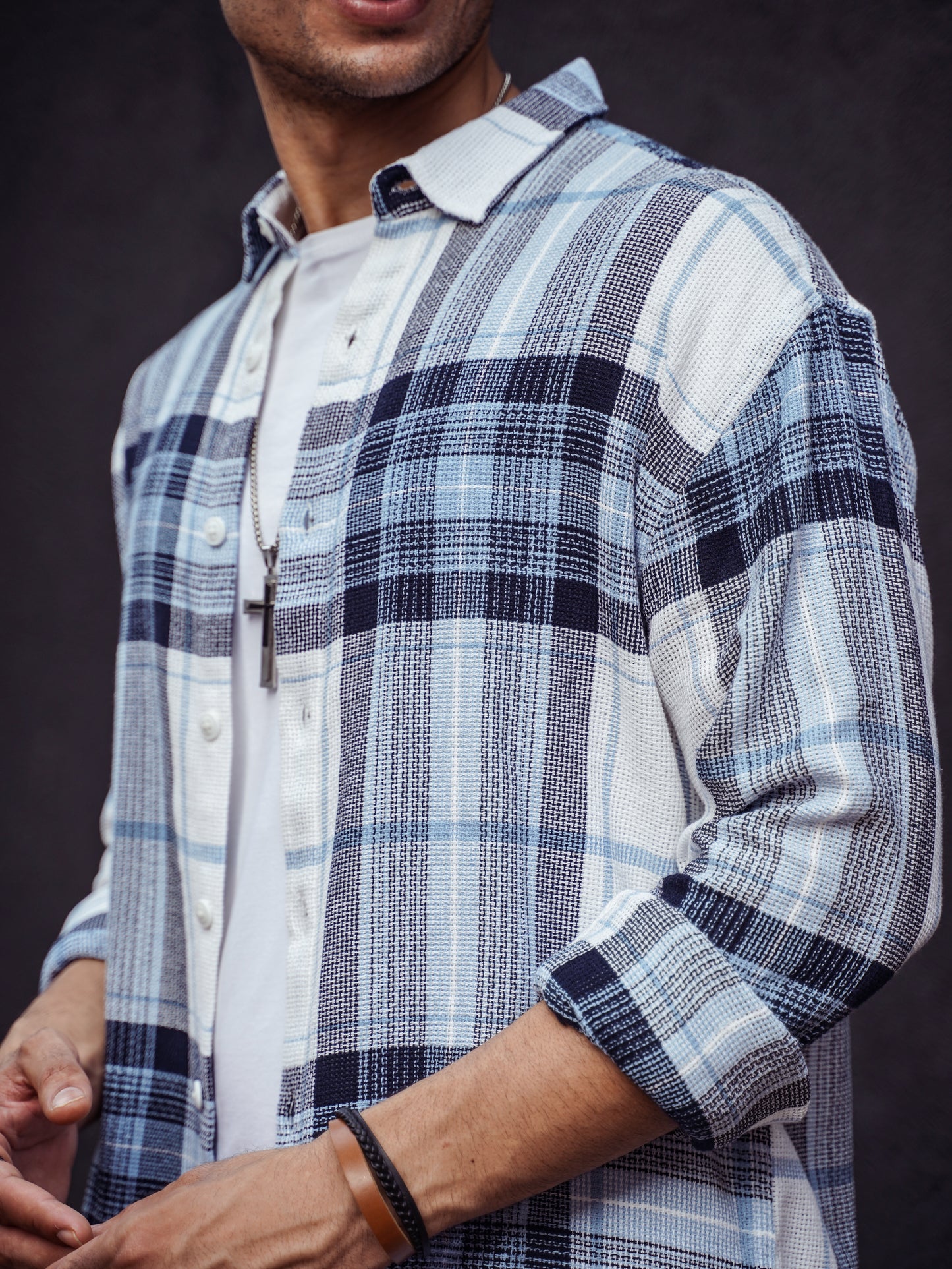 White and Blue Structured Checks Oversize Drop Shoulder Shirt
