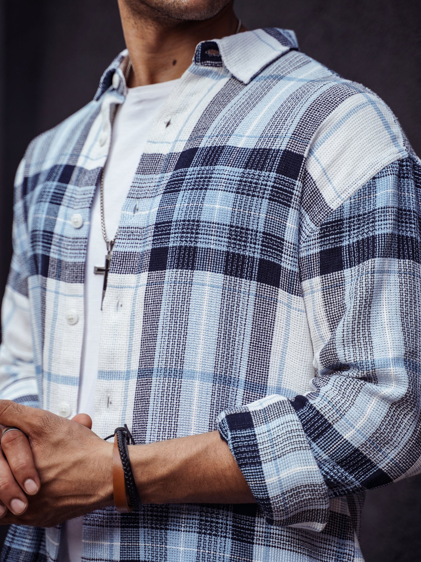 White and Blue Structured Checks Oversize Drop Shoulder Shirt