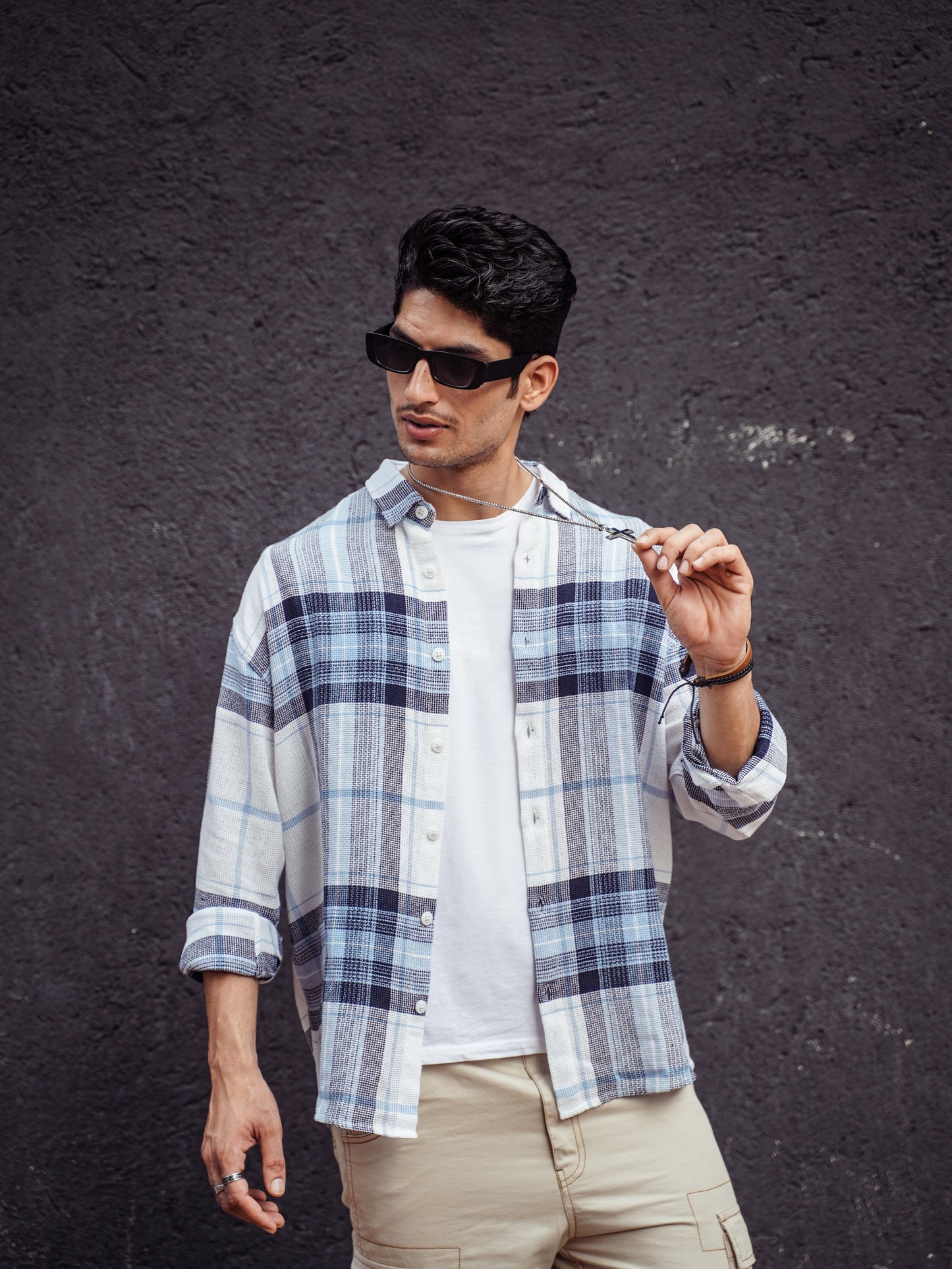 White and Blue Structured Checks Oversize Drop Shoulder Shirt