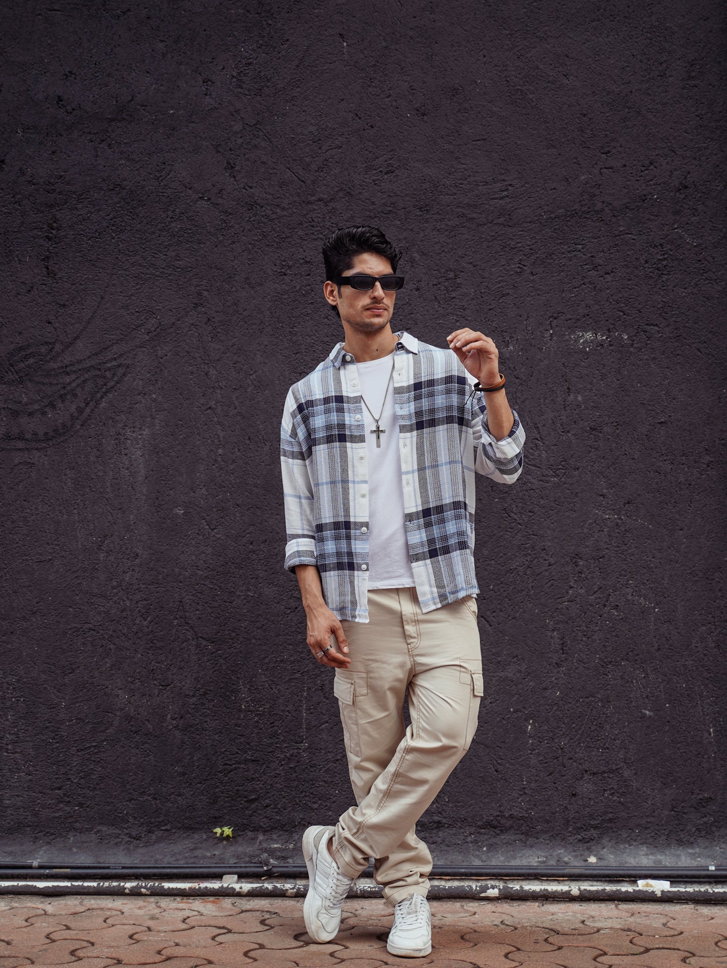 White and Blue Structured Checks Oversize Drop Shoulder Shirt