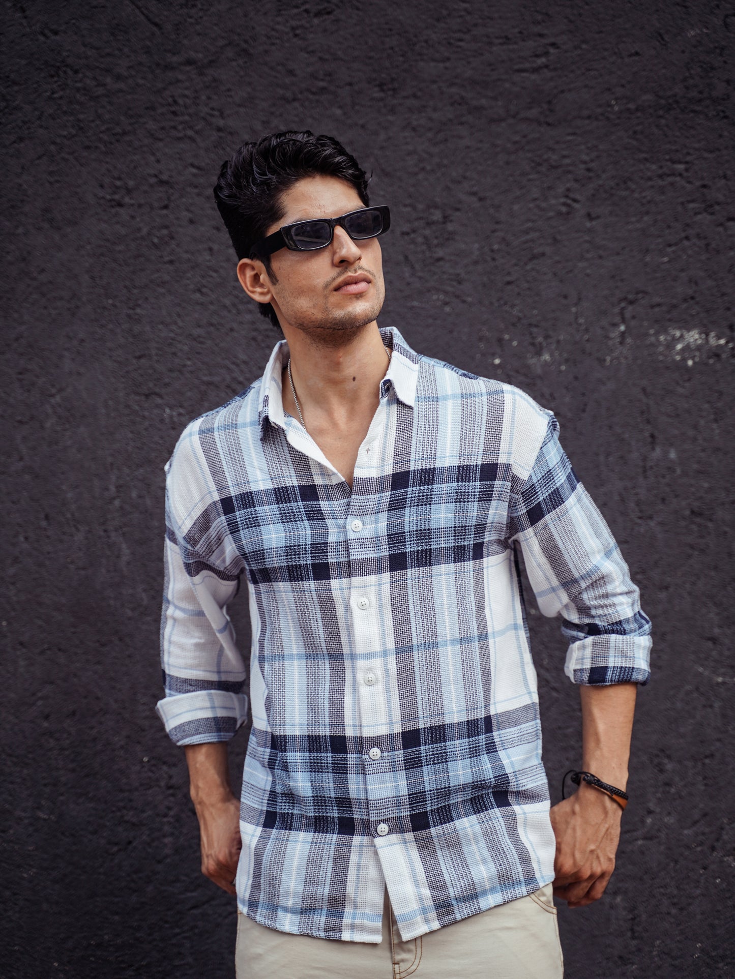 White and Blue Structured Checks Oversize Drop Shoulder Shirt