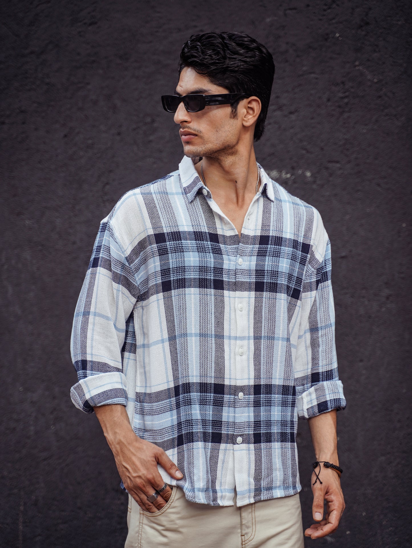 White and Blue Structured Checks Oversize Drop Shoulder Shirt
