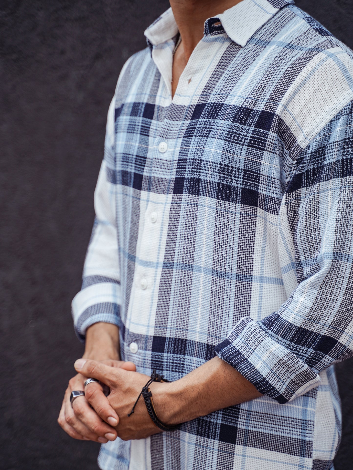 White and Blue Structured Checks Oversize Drop Shoulder Shirt