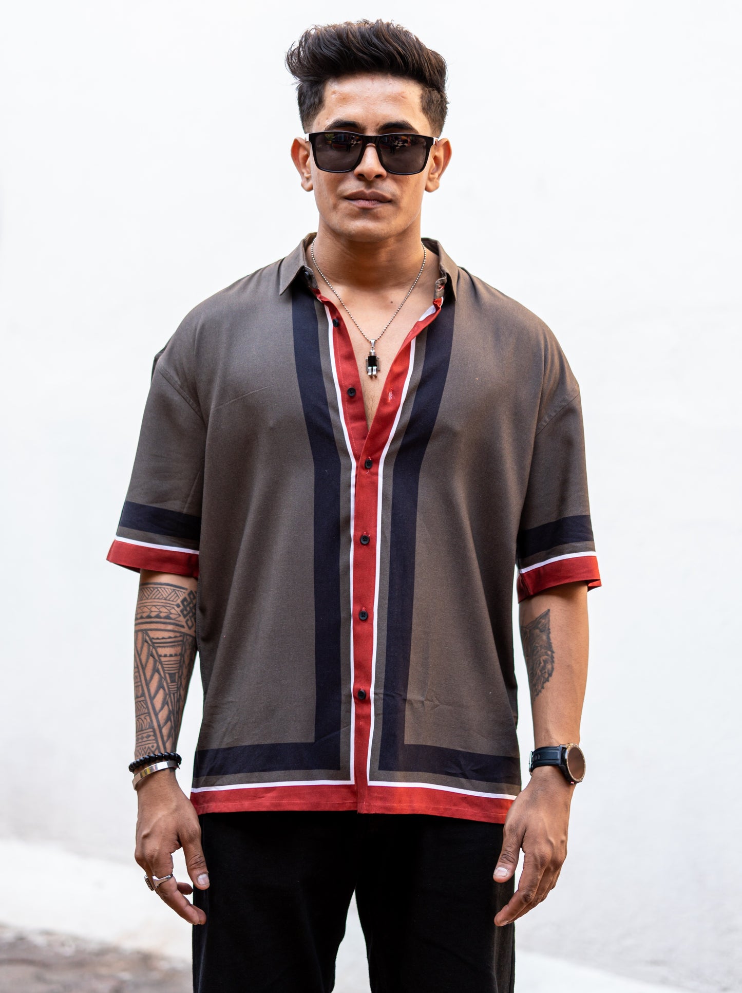 Dark Grey Oversized Drop Shoulder Shirt with Bottom Stripes